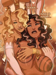 areola areolae blonde_hair brown_hair bunny_ears bunny_girl bunny_girls cinnabarbie cinnabunny dark_skin dominant_female earrings female female_only gloves groping_breasts hunnibunni_(cinnabarbie) lesbian lesbians lip_bite original original_characters submissive_female very_dark_skin