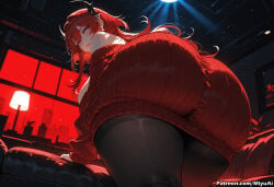 1girl ai_assisted ai_generated arknights arknights:_endfield ass bare_shoulders black_legwear blush breasts curvaceous curvy curvy_female curvy_figure dress dutch_angle earrings female from_behind from_below indoors jewelry laevatain_(arknights:_endfield) long_hair looking_at_viewer looking_back miyuai night night_sky off_shoulder pantyhose purple_eyes red_hair sky solo star_(sky) sweater sweater_dress thick thick_ass thick_butt thick_hips thick_legs thick_thighs thighs voluptuous voluptuous_female wide_hips wide_thighs