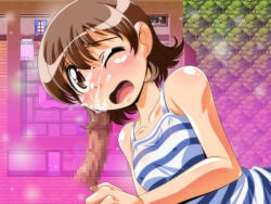 1boy 1girl azukino_anko_(manjuverunu) blush blush_stickers breasts brown_eyes brown_hair camisole censored collarbone covered_nipples cum ejaculation game_asset game_screenshot_background gradient_background manjuverunu_no_sen_otome mosaic_censoring non-web_source official_art one_eye_closed open_mouth penis raised_inner_eyebrows screenshot_background self-datamine siubomanjyu small_breasts striped_camisole upper_body variant_set visual_novel_cg wavy_mouth