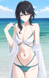 1girls beach big_breasts black_hair breasts breasts_out exposed_breasts female green_eyes honkai:_star_rail honkai_(series) large_breasts long_hair ruan_mei_(honkai:_star_rail) swimsuit white_swimsuit