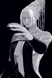 1girl black_background breasts circlet cleavage dark_skin large_breasts monochrome nails octopath_traveler octopath_traveler:_champions_of_the_continent octopath_traveler_0 sidelocks square_enix tagme tagme_(artist) tatloch_(octopath_traveler) white_hair