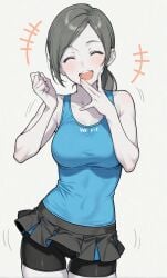 +++ 1girls :d ai_generated bare_arms bare_shoulders bike_shorts black_hair black_shorts black_skirt blue_shirt blue_tank_top blush breasts clenched_hand clenched_hands closed_eyes clothes_writing clothing collarbone colored_skin covered_navel cowboy_shot cropped_legs eyes_closed facing_viewer female grey_background grey_hair hand_to_own_mouth hands_up happy large_breasts laughing long_hair medium_breasts microskirt miniskirt motion_lines open_mouth parted_bangs pleated_skirt ponytail shirt shorts shorts_under_skirt simple_background skin_tight skirt sleeveless smile solo spandex standing tank_top taut_clothes teeth thigh_gap upper_teeth_only white_skin wii_fit wii_fit_trainer wii_fit_trainer_(female)