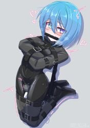 1girl absurdres aqua_eyes arms_across_body bdsm belt belt_buckle bit_gag black_bodysuit blue_hair bodysuit bound bound_arms bound_legs buckle commentary_request crossed_arms drooling drop_shadow full_body gag gagged glasses grey_background heterochromia highres hitachi_magic_wand latex latex_bodysuit legbinder looking_at_viewer menou_74 original purple_eyes round_eyewear sex_toy short_hair solo straitjacket uneven_eyes variant_set vibrator