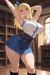 1girl ai_generated bangs belt blonde_hair blue_skirt book book_stack bookshelf boots breasts brown_eyes elf fairy_tail hair_ribbon hi_res high_quality high_resolution indoors kiraamane library long_hair lucy_heartfilia patreon seductive sexy skirt solo thick_thighs thighs uncensored watermark