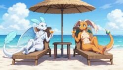 2girls adorable ai_generated ai_video animated anthro beach bernardol22 claws female fur furry furry_female furry_only gobabsnow medium_breasts mega_dragonite mega_evolution nipples nude palworld pokemon pokemorph quivern scalie tagme video wings