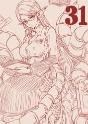 1girl book breasts buttons commentary_request cornelia_(mon-musu_quest!) glasses highres holding holding_book kawahara0527 long_hair looking_at_viewer mon-musu_quest! monochrome monster_girl name_tag necktie open_book pointy_ears pussy pussy_tentacle red_theme simple_background solo tentacles very_long_hair