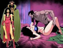 bedroom_sex black_hair bra clothed_female daughter dc dc_comics doomart father father_and_daughter grabbing_another's_thighs grabbing_penis hand_on_thigh holding_penis incest lying_on_back lying_on_bed talia_al_ghul