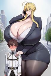 ai_generated artoria_pendragon_(lancer) fate/grand_order fate_(series) fujimaru_ritsuka_(male) gigantic_breasts height_difference office_lady tagme tagme_(artist)
