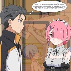 2boys 3girls ass bare_shoulders bare_thighs behind_door blowjob blue_hair breasts cheating cheating_female cheating_girlfriend cheating_wife closed_eyes closed_mouth clothed comic completely_nude cuckold cunnilingus dialogue door elf emilia_(re:zero) english_text fellatio female fingers grabbing grabbing_arm grabbing_arms group group_sex half-elf hallway kiss_mark lipstick_on_penis looking_at_another maid maid_uniform male manga multiple_girls muscles muscular muscular_male natsuki_subaru netorare ntr nude nude_female nude_male pink_eyes pink_hair ram_(re:zero) re:zero_kara_hajimeru_isekai_seikatsu rem_(re:zero) roswaal_l_mathers roswaal_mansion_maid_uniform short_hair standing text thighs waytntr