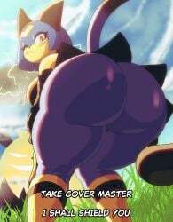 absurd_res ambiguous_gender anthro big_butt black_clothing black_dress black_nose blue_body blue_hair blush blush_lines breasts butt butt_focus clothed clothing detailed_background dialogue dress duo english_text eyelashes felid feline female first_person_view grass grizzbolt hair hi_res huge_butt kingblackbun looking_at_viewer looking_back looking_back_at_viewer low-angle_view mammal multicolored_body no_underwear one_eye_closed pal_(species) palworld plant pocketpair red_eyes sekhmet_(pal) short_hair tail text thick_thighs two_tone_body wide_hips yellow_body