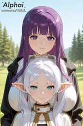 1girl 2025 2026 2girls 4k absurd_res absurdres ai ai-created ai-generated ai_art ai_assisted ai_generated alphai anime black_coat black_robe blunt_bangs blushing breast_rest breasts breasts_on_back breasts_on_head chest chubby cinematic_lighting close-up closed_mouth colorful_background covered_nipples curvy dangle_earrings day depth_of_field detailed_hair detailed_skin detailled_background dramatic_shadows dress earrings elf eyelashes eyeliner female female_face female_only fern_(sousou_no_frieren) flat_chest frieren frieren_(sousou_no_frieren) frieren_beyond_journey's_end frilled_collar green_eyes high_quality high_resolution highres hime_cut huge_breasts jewelry large_breasts legs long_hair looking_at_viewer multiple_girls naughty_face outdoors particles patreon patreon_link patreon_url patreon_username petite petite_breasts plump pointed_ears pointy_ears purple_eyes purple_hair raised_eyebrows robe seductive_eyes shirt short_stature skinny sky slender small_breasts sousou_no_frieren straight_hair thick_legs thick_thighs thigh_gap thighs thin twintails volumetric_lighting watermark white_hair wide_hips zettai_ryouiki