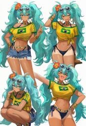 1girls ai_generated aqua_eyes aqua_hair bikini bikini_under_clothes brazilian_miku breasts cowboy_shot denim denim_shorts eyewear_on_head flower foreshortening grin hair_flower hair_ornament hatsune_miku jewelry long_hair looking_at_viewer navel necklace one_eye_closed open_fly outstretched_arm pointing pointing_at_viewer shiny shirt short_shorts shorts smile solo sunglasses swimsuit tan tanline tied_shirt toned twintails very_long_hair vocaloid