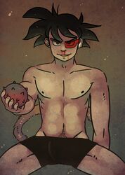 black_eyes black_hair blood brown_background clenched_teeth color dragon_ball dragon_ball_z male male_only nosebleed open_eyes partially_clothed red-tinted_eyewear scouter short_hair shorts simple_background sitting smile solo tail thighs tinted_eyewear topless turles