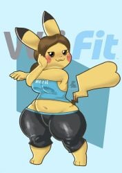 1girls :3 animal_ears animal_nose anthro artist_name bare_shoulders barefoot belly black_eyes black_pants blue_background blue_shirt blush blush_stickers body_fur boggsart breasts brown_hair capri_pants character_name closed_mouth clothed_pokemon clothes_writing clothing colored_skin cosplay crop_top curvy english_text female full_body furrification furry furry_female groin half-closed_eyes hand_on_own_cheek hand_on_own_face happy medium_breasts midriff navel outstretched_arm pants personification pikachu plump pokemon pokemon_(creature) ponytail shirt sideboob simple_background skindentation sleeveless sleeveless_shirt smile solo standing stomach stretching tail tank_top thick_thighs thighs two-tone_fur wide_hips wii_fit wii_fit_trainer wii_fit_trainer_(cosplay) wii_fit_trainer_(female) yellow_fur yellow_skin