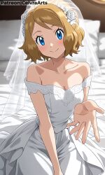1girl ai_generated bed flirting flirting_with_viewer inviting_to_sex love pokemon pokemon_xy serena_(pokemon) serena_(pokemon_games) wedding wedding_dress