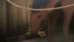 black_gloves brown_hair brown_thighhighs byleri female gloves green_skirt horse indoors lv2_kara_cheat_datta_motoyuusha_kouho_no_mattari_isekai_life miniskirt official_animation short_hair skirt tagme thighhighs video