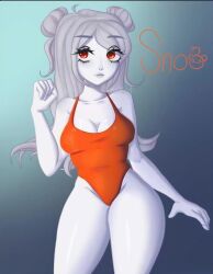 1girl ai_upscaled artist_name breasts casual_one-piece_swimsuit character_name cleavage collarbone colored_skin double_bun eyelashes gradient_background grey_hair grey_skin hair_bun highleg_swimsuit letterboxed long_hair makeup medium_breasts one-piece_swimsuit pale_skin personification r/teenagers red_eyes red_one-piece_swimsuit reddit signature snoo solo swimsuit tagme_(artist) thick_thighs thighs watermark white_skin