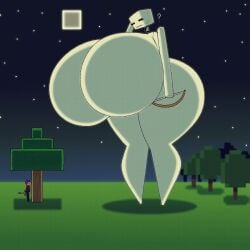 1boy 1girl big_breasts digital_drawing_(artwork) enormous_boobs enormous_breasts genderswap hiding_behind_tree hyper hyper_breasts mega_tits minecraft minecraft_mob night_sky player_character sfw_version simple_background simple_shading skeleton_(minecraft) sukoi_(artist) trees
