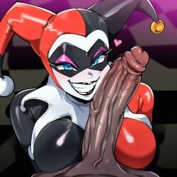 1girls ai_generated batman:_the_animated_series batman_(series) clothed_female_nude_male curved_to_the_right_penis dark-skinned_male dark_skin dc dc_comics dcau erection female female_focus harley_quinn harley_quinn_(dcau) huge_cock looking_at_viewer male male_pov mullon novelai penis pov unseen_male_face veiny_penis