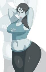 1girls armpits arms_behind_head arms_up black_hair breasts cleavage clothes_writing colored_skin crop_top curvy female grey_skin hair_over_shoulder large_breasts leedraw11 lips lipstick long_hair makeup midriff navel pants ponytail solo standing tank_top thick_thighs thighs white_skin wide_hips wii_fit wii_fit_trainer wii_fit_trainer_(female) yoga_pants zoom_layer