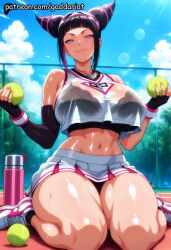 1girl abs ai_generated bokeh_background bra_visible breasts crop_top curvy elbow_gloves full_body gaddariat gloves han_juri huge_breasts juri_han large_breasts looking_at_viewer muscular muscular_female navel patreon skirt slim_waist smile street_fighter street_fighter_6 street_fighter_alpha street_fighter_iii street_fighter_iv street_fighter_v tennis_ball thermos voluptuous