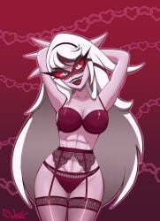 1girls 2024 alternate_version_available arms_behind_head big_breasts black_bra black_lips black_lipstick black_panties black_thighhighs bottomwear bra breasts carmilla_carmine cleavage demon demon_girl female female_only garter_belt garter_straps hazbin_hotel hips lace-trimmed_garter_belt lace-trimmed_thighhighs legwear lingerie lips lipstick long_hair mature mature_female mature_woman milf mother panties r4x4nclh red_sclera solo solo_female thighs topwear white_eyes white_hair