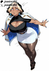 1girl ahegao ai_generated artist_name belt black_belt black_footwear black_hair black_pantyhose black_shirt blonde_hair blue_nails bracelet breasts brown_pantyhose cleavage cleavage_cutout clothing clothing_cutout curvy dark-skinned_female dark_skin domina earrings english_text female fingernails full_body heavy_breathing high-waist_skirt high_heels huge_breasts jacket jacket_on_shoulders jennieart02 jewelry large_breasts looking_up mature_female miniskirt mole mole_on_breast multicolored_hair nail_polish office_lady overwatch overwatch_2 pantyhose patreon patreon_logo patreon_username pencil_skirt rolling_eyes shirt shirt_tucked_in short_hair simple_background skirt solo sweat thick_thighs thighs triangle_earrings twitter twitter_username two-tone_hair watermark white_background white_jacket white_skirt wide_hips