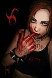 1girls alt_girl blood blood_on_face blood_on_hand blue_eyes capcom claire_redfield claire_redfield_(jordan_mcewen) clothed clothed_female eyeshadow female female_only goth goth_girl looking_at_viewer necklace piercing red_hair resident_evil solo spiked_bracelet spikes tank_top zombiyh