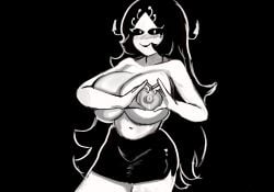 1girl 1girls 4chan areolae bait bait-chan black_background black_hair black_sclera black_shorts collarbone drawfag heart_hands huge_breasts long_hair meme nipples shorts simple_background smile solo thighs topless topless_female white_eyes