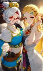2girls ai_generated breath_of_the_wild princess_zelda purah purah_(age_of_calamity) purah_(tears_of_the_kingdom) sexy tears_of_the_kingdom the_legend_of_zelda white_hair zelda_(breath_of_the_wild) zelda_(tears_of_the_kingdom)