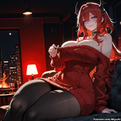 1girl ai_assisted ai_generated arknights arknights:_endfield bare_shoulders black_legwear blush breasts choker city_lights cleavage crossed_legs curvaceous curvy curvy_female curvy_figure dress female hair_between_eyes huge_breasts laevatain_(arknights:_endfield) long_hair looking_at_viewer miyuai night off_shoulder parted_lips red_hair sitting smile solo sweater sweater_dress thick thick_ass thick_butt thick_hips thick_legs thick_thighs thighhighs thighs voluptuous voluptuous_female wide_hips wide_thighs