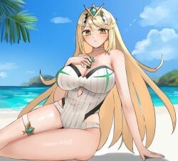 1girls bangs bare_shoulders beach blonde_hair blush breasts cleavage day gem jewelry large_breasts long_hair looking_at_viewer mythra mythra_(xenoblade) one-piece_swimsuit outdoors palm_tree sitting sky solo swept_bangs swimsuit thigh_strap tiara tree very_long_hair water white_swimsuit xenoblade_(series) xenoblade_chronicles_2 yellow_eyes