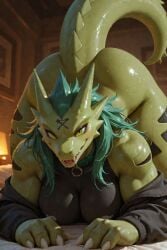 1girls ai_generated anthro_female female generation_2_pokemon green_eyes green_hair green_scales lizard_girl nikeela_(scorpianpp) original_character pokemon pokemon_(species) scorpianpp self_upload stable_diffusion tyranitar