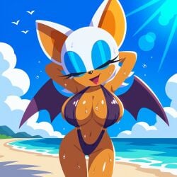 ai_generated anthro beach big_breasts mobian mobian_(species) mobian_bat rouge_the_bat sling_bikini slingshot_swimsuit sonic_(series) sonic_the_hedgehog_(series)