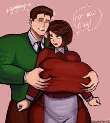 1girl1boy annoyed_female big_breasts bloberta_puppington breast_grab brown_eyes brown_hair clay_puppington clothed dilf drunk drunk_bubble drunk_male grope grope_from_behind groping_breasts imminent_sex kinkysoldiers milf moral_orel