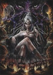 1girl animal_eyes big_breasts black_panties breasts cleavage crossed_arms dark-skinned_female dark_skin dreadlocks fangs female_focus glowing glowing_eyes grey_hair hair_bun huge_breasts large_breasts mature_female navel octopath_traveler octopath_traveler:_champions_of_the_continent octopath_traveler_0 octopath_traveler_i official_art outstretched_arm panties revealing_clothes sandals single_hair_bun sitting square_enix tagme_(artist) tagme_(character) tatloch_(octopath_traveler) thick_thighs thighs thong thong_panties toned toned_female underboob underwear villainess voluptuous_female wide_hips