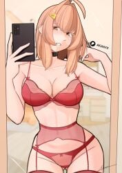 butt_fang curvy curvy_female curvy_figure cute digital_art digital_drawing_(artwork) digital_media_(artwork) hot lingerie lingerie_bra lingerie_panties mirror_selfie no_nudity not_ai_generated not_nude oc phone_camera pose red_lingerie redhead selfie twitter twitter_link