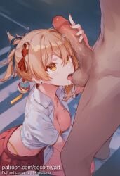 1boy 1girl 2026 ai_generated alternate_costume blonde_hair blush breast_tattoo breasts breasts_out chest_tattoo cleavage clothed_female_nude_male cocomiyart collared_shirt contemporary earrings erection fellatio flower_tattoo genshin_impact hair_between_eyes hair_ornament handjob hetero highleg_panties highres jewelry licking licking_penis looking_up makeup medium_breasts miniskirt nail_polish nipples nsfw nude open_clothes open_mouth open_shirt oral orange_eyes orange_nails panties penis penis_grab pleated_skirt ponytail precum red_skirt saliva school_uniform shirt short_sleeves skirt solo_focus stud_earrings sweat tattoo testicles tied_shirt tongue tongue_out uncensored underwear white_shirt yellow_eyes yellow_panties yoimiya_(genshin_impact)