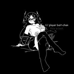 1girl 4chan areolae bait bait-chan bare_shoulders black_background black_boots black_hair black_jacket black_sclera black_skirt blush boots collarbone drawfag english_text jacket_partially_removed jaggy_lines long_hair looking_at_viewer meme nipples simple_background sitting skirt smug solo thigh_boots white_eyes