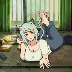 ablazemosquit0 ass boobs cat_ears cat_tail catgirl chainsmoker_cat cum_in_pussy dirty dirty_clothing feet feet_up looking_at_viewer looking_back ooya_(yani_neko) panties pussy smoking smoking_cigarette speech_bubble thighs yani_neko yani_neko_(yani_neko)