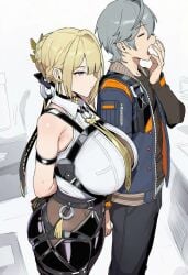 2d arms_behind_back artist_request blonde-haired_female blonde_female blonde_hair blonde_hair_female bob_cut cleavage cleavage_cutout earrings evelyn_chevalier formal_clothes formal_wear hair_ornament hoyoverse huge_breasts large_breasts side_view tagme thick_thighs tied_hair tight_clothing tight_fit video_game_character video_games white_background wise_(zenless_zone_zero) yawn zenless_zone_zero zzz