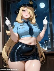 1girl ai_generated alternate_costume arlequin097 belly black_skirt blonde_hair blue_headwear blue_necktie blue_shirt blush breast_pocket breasts collared_shirt cowboy_shot crop_top cropped_shirt curvy cynthia_(pokemon) full_moon gloves grey_eyes hair_ornament hair_over_one_eye hands_up hat indoors large_breasts lips long_hair looking_at_viewer midriff miniskirt moon navel necktie night night_sky nintendo parted_lips pencil_skirt plump pocket pokemon police police_hat police_uniform policewoman shirt short_sleeves side_slit skindentation skirt sky smile solo stomach sweat thick_thighs thighs thumbs_up uniform very_long_hair white_gloves window
