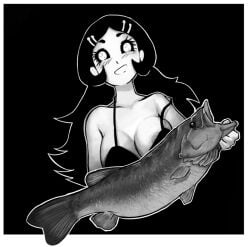 1girls 4chan areolae bait bait-chan bare_shoulders black_bra black_hair black_sclera bra breasts collarbone cropped_torso drawfag fish fish_girl holding_fish large_breasts long_hair looking_at_viewer meme nipple_slip nipples smile solo teeth white_eyes white_outline