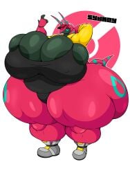 anthro areola_slip arm_above_head breasts cap fan_character female game_freak green_eyes huge_ass huge_breasts huge_thighs nintendo omegabrawl pokemon pokemon_(species) scolipede shiny_pokemon solo thick_thighs video_games wide_hips