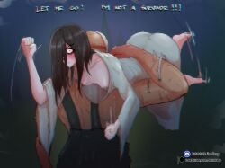 bedbug_(artist) black_hair carrying carrying_over_shoulder carrying_partner dead_by_daylight ghost ghost_girl ghost_hands long_hair sadako_yamamura small_breasts struggling tagme the_trapper undead very_long_hair yamamura_sadako zombie zombie_girl