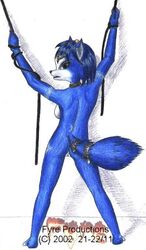 2002 anthro ass back_view barefoot bindi black_nose blue_fur blue_hair color female female_only fox fur furry furry_ass furry_ears furry_tail hair jewelry krystal nude open_eyes pointy_ears short_hair solo standing star_fox tail vulva white_background white_fur