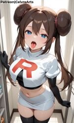 1girl ai_generated corrupted corruption pokemon pokemon_bw rosa_(pokemon) team_rocket team_rocket_uniform tongue tounge_out