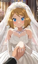 1girl ai_generated church church_background flirting flirting_with_viewer love pokemon pokemon_xy serena_(pokemon) serena_(pokemon_games) wedding wedding_dress wedding_ring