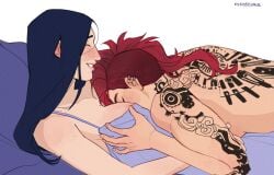 2girls arcane arcane_caitlyn arcane_vi back_tattoo bicep big_breasts breast_grab caitlyn_(league_of_legends) caitlyn_kiramman canon_couple color colored ear_piercing earrings face_between_breasts face_in_breasts female female/female female_only laying_on_person league_of_legends lesbian lesbian_couple light-skinned_female light_skin long_hair motorboating muscular_arms nightgown on_back on_bed on_top_of_another pink_hair purple_hair rysiooozaur sideboob simple_background solid_color_background tattoo topless topless_female underboob vi vi_(league_of_legends) white_background wholesome yuri