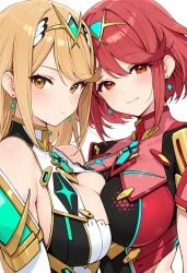 2girls ai_generated armor bangs bare_shoulders big_breasts blonde_hair blush breast_press breasts cleavage dress dual_persona earrings fingerless_gloves gem gloves headpiece jewelry large_breasts long_hair looking_at_viewer multiple_girls mythra mythra_(xenoblade) pyra pyra_(xenoblade) red_eyes red_hair red_shorts short_hair shorts shoulder_armor simple_background smile swept_bangs tagme tiara white_background xenoblade_(series) xenoblade_chronicles_2 yellow_eyes